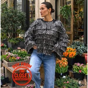 ZARA Fringed Metallic Thread Jacket NWT Silver Size S